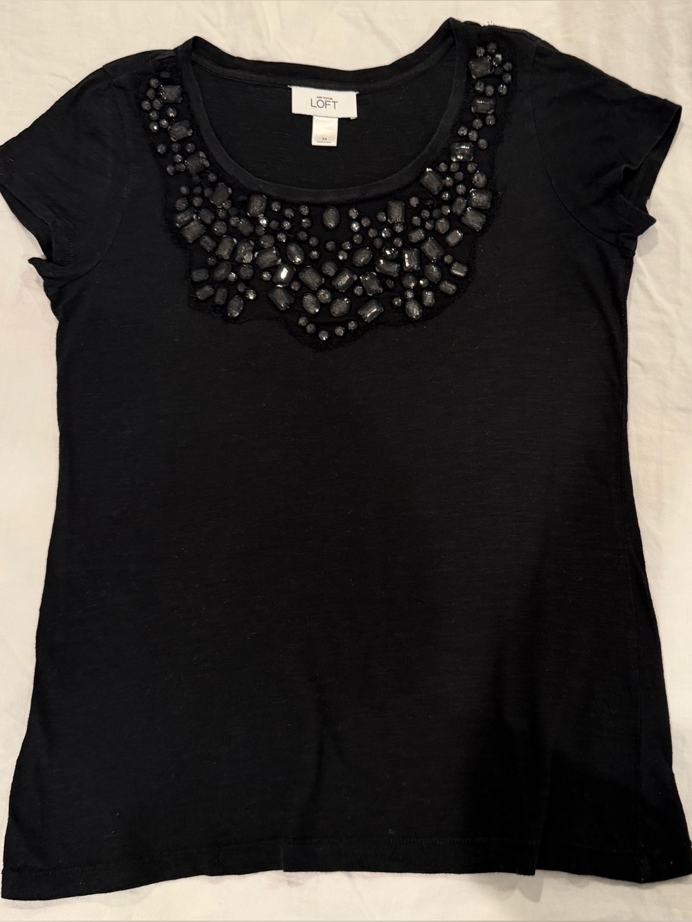 LOFT Black Short-Sleeve Tee with Beaded Scoop Neck